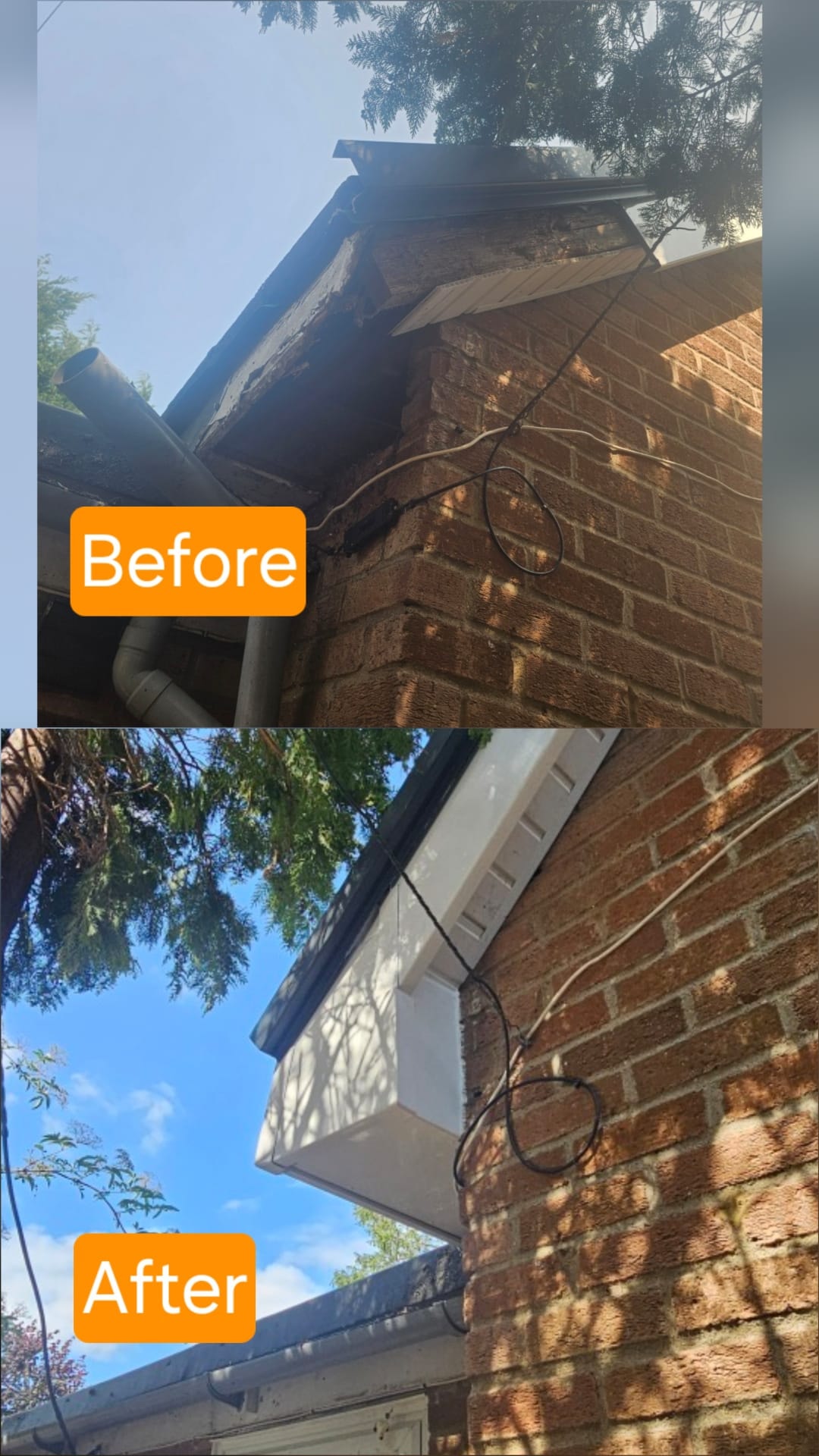Before and after fascia and soffit replacement