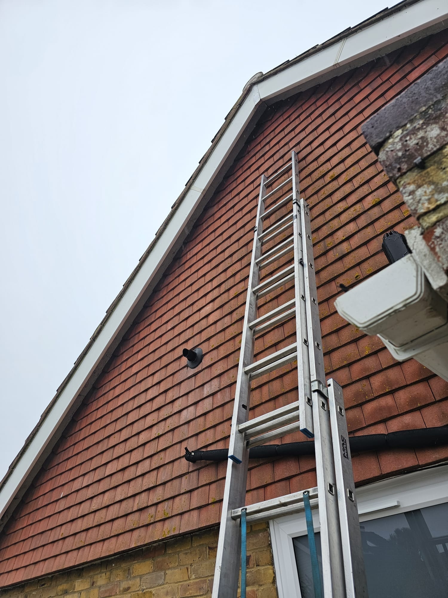 Fascia and soffit work on gable end — ladder access