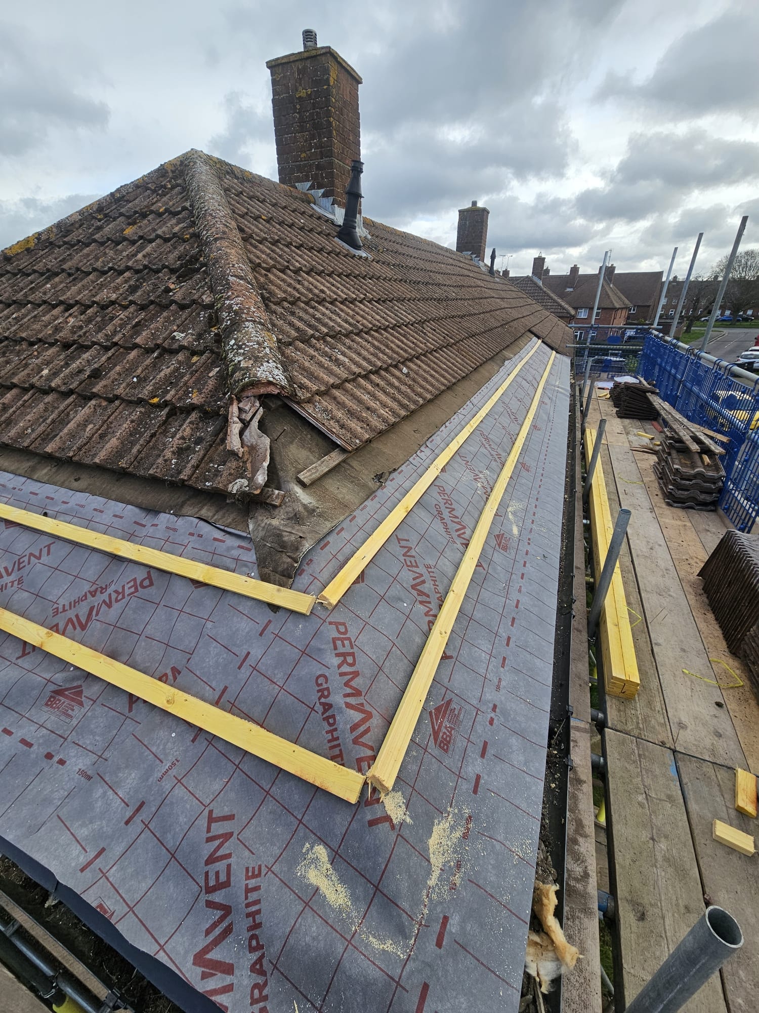 New felt and batten on roof before tiling